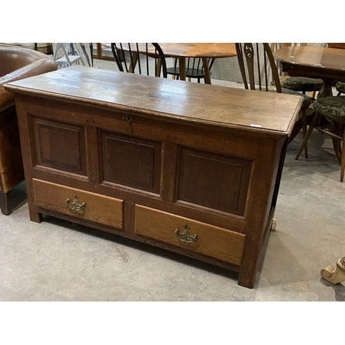 84 - Antique oak mule chest 74H 128W 55D (damage to side, please see extra photographs)