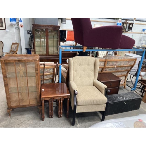 89 - Mahogany 3 drawer chest 63H 56W 43D, cream upholstered high back lounge chair 67W, vintage wooden tr... 