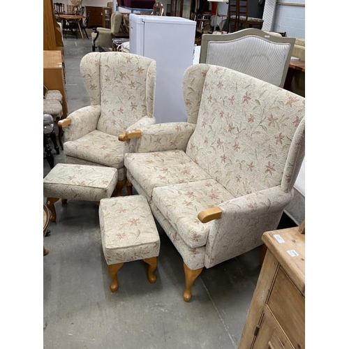 94 - DFS floral upholstered 4 piece suite (settee 116W, armchair 72W and 2 footstools)