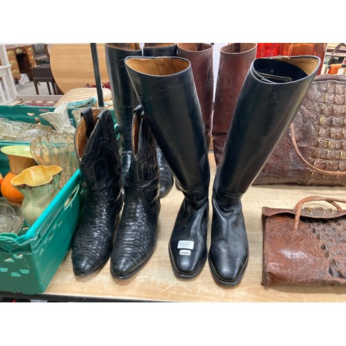 437 - 3 vintage leather bags (believed to be crocodile), 3 pairs of vintage leather riding boots (all size... 