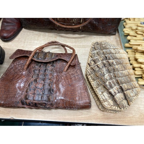 437 - 3 vintage leather bags (believed to be crocodile), 3 pairs of vintage leather riding boots (all size... 