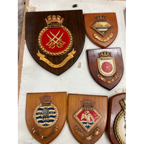 440 - Assorted military wooden plaques including HMS Myings, HMS Northumbria, Royal Scots Greys, Northampt... 