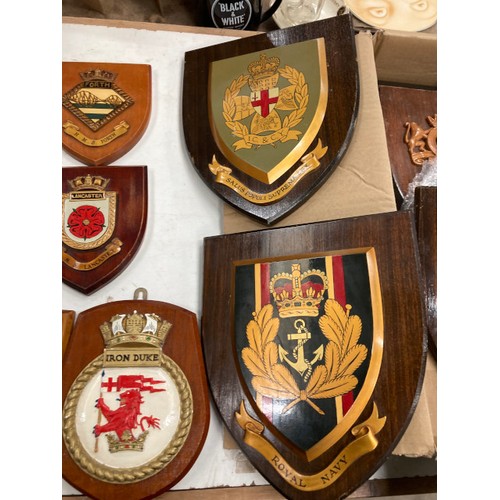 440 - Assorted military wooden plaques including HMS Myings, HMS Northumbria, Royal Scots Greys, Northampt... 