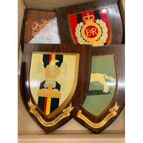 440 - Assorted military wooden plaques including HMS Myings, HMS Northumbria, Royal Scots Greys, Northampt... 