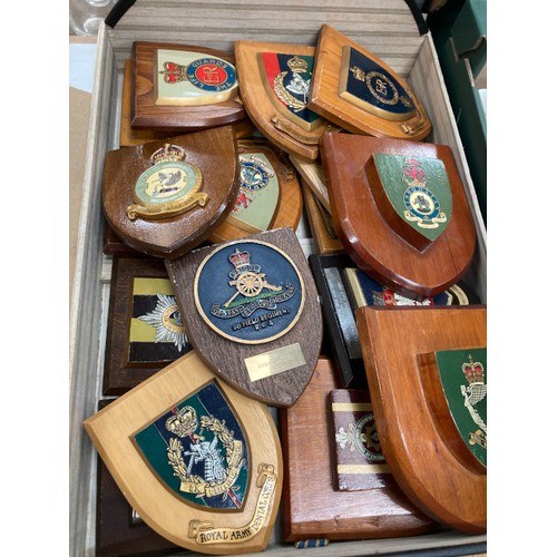 440 - Assorted military wooden plaques including HMS Myings, HMS Northumbria, Royal Scots Greys, Northampt... 