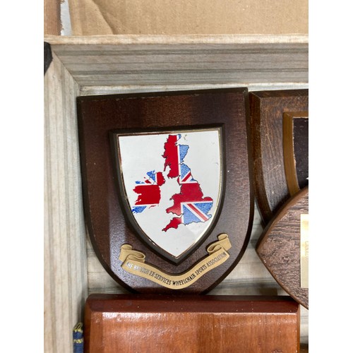 440 - Assorted military wooden plaques including HMS Myings, HMS Northumbria, Royal Scots Greys, Northampt... 