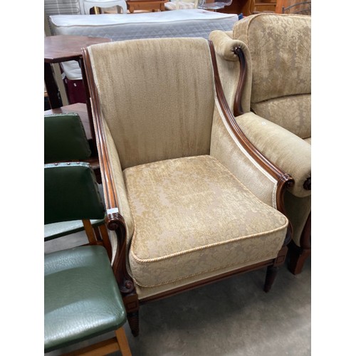 31 - Mahogany framed 3 piece suite (settee 159W, armchair 70W, armchair 99W)