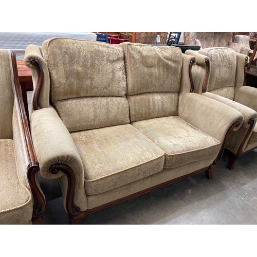 31 - Mahogany framed 3 piece suite (settee 159W, armchair 70W, armchair 99W)