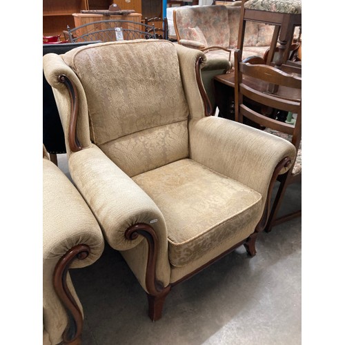 31 - Mahogany framed 3 piece suite (settee 159W, armchair 70W, armchair 99W)