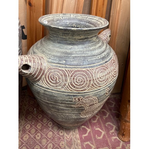 477 - 2 Amphora style garden urns 68H 42cm diameter & 52H 46cm diameter