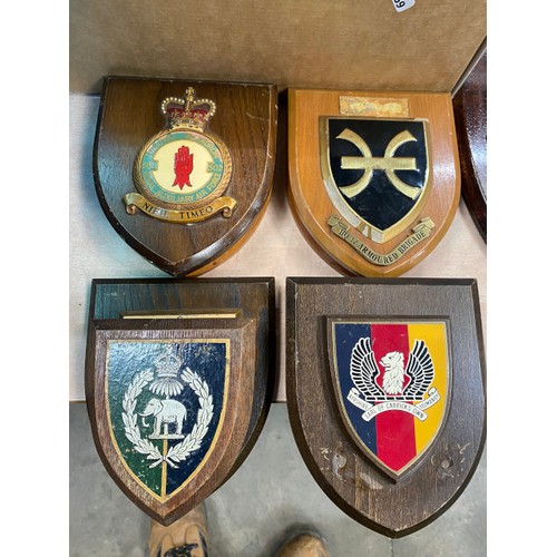 439 - Box of wooden military plaques including 107 Squadron RAF, 50 Squadron RAF, Inns of Court Regiment, ... 