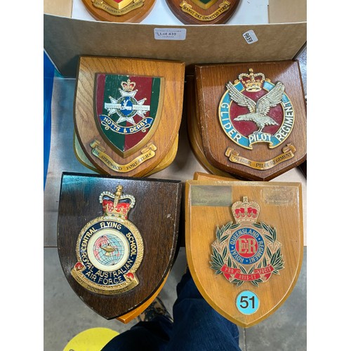 439 - Box of wooden military plaques including 107 Squadron RAF, 50 Squadron RAF, Inns of Court Regiment, ... 