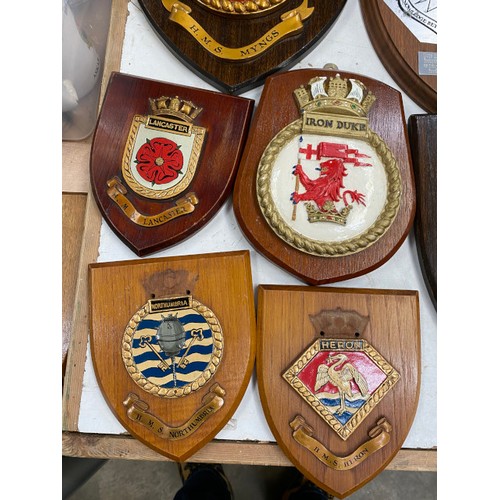 440 - Assorted military wooden plaques including HMS Myings, HMS Northumbria, Royal Scots Greys, Northampt... 