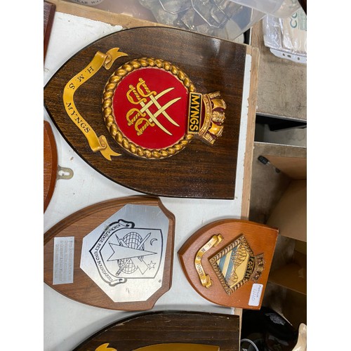 440 - Assorted military wooden plaques including HMS Myings, HMS Northumbria, Royal Scots Greys, Northampt... 