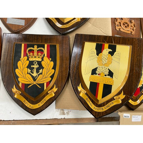 440 - Assorted military wooden plaques including HMS Myings, HMS Northumbria, Royal Scots Greys, Northampt... 