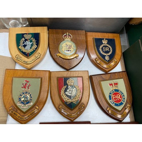 440 - Assorted military wooden plaques including HMS Myings, HMS Northumbria, Royal Scots Greys, Northampt... 