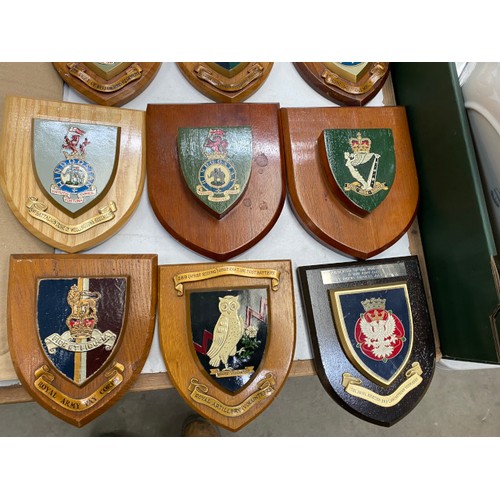 440 - Assorted military wooden plaques including HMS Myings, HMS Northumbria, Royal Scots Greys, Northampt... 