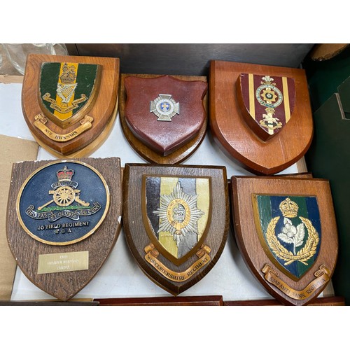 440 - Assorted military wooden plaques including HMS Myings, HMS Northumbria, Royal Scots Greys, Northampt... 