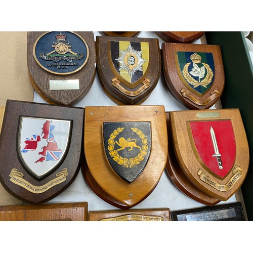 440 - Assorted military wooden plaques including HMS Myings, HMS Northumbria, Royal Scots Greys, Northampt... 