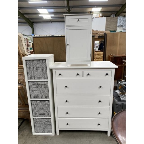 114 - Ikea 'Hemnes' white chest 130H 108W 50D, white bedside cabinet 76H 42W 34D and a white shelving unit... 