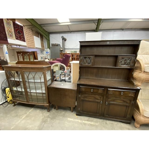 121 - Oak dresser 179H 124W 48D, oak drop leaf table 74H 134W 76D and a mahogany display cabinet 132H 121W... 