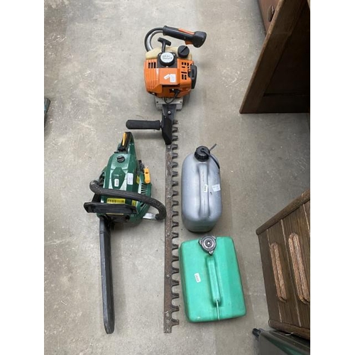 132 - STIHL HS 85 petrol strimmer, B & Q petrol chain saw and 2 Jerry cans