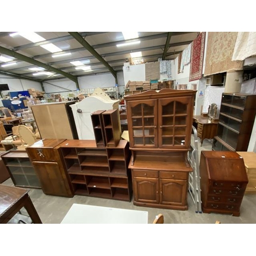 136 - Mahogany bureau with one key 95H 51W 42D, oak glazed bookcase 94H 91W 22D, 1950’s walnut cocktail ca... 