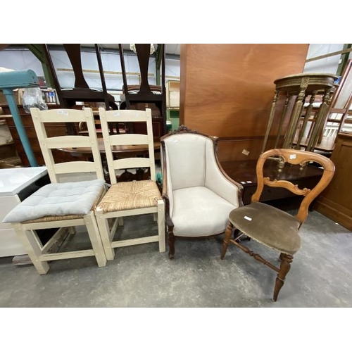 146 - French mahogany framed library chair 67W, 2 cream ladder back chairs 44W and an elm bedroom chair 39... 