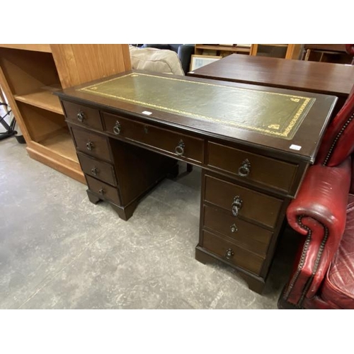 160 - Oak pedestal desk with green leather inset 76H 121W 61D