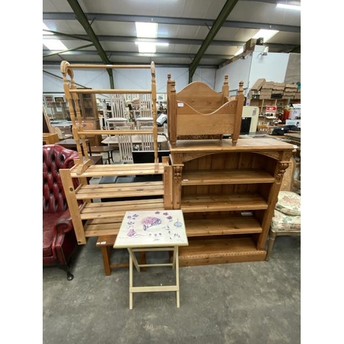 162 - Pine carved bookcase 120H 99W 33D, pine magazine rack, pine towel rail etc