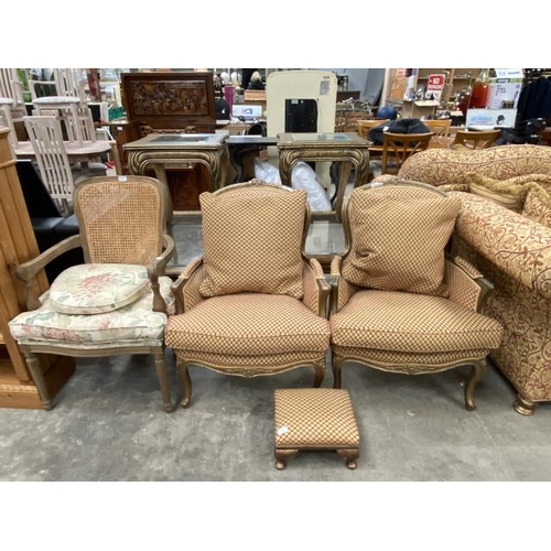 163 - Pair of good quality French gilt framed chairs 68W with scatter cushions and a matching stool and a ... 