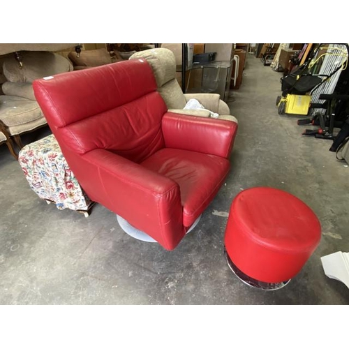 17 - Red faux leather swivel armchair 85W and matching footstool