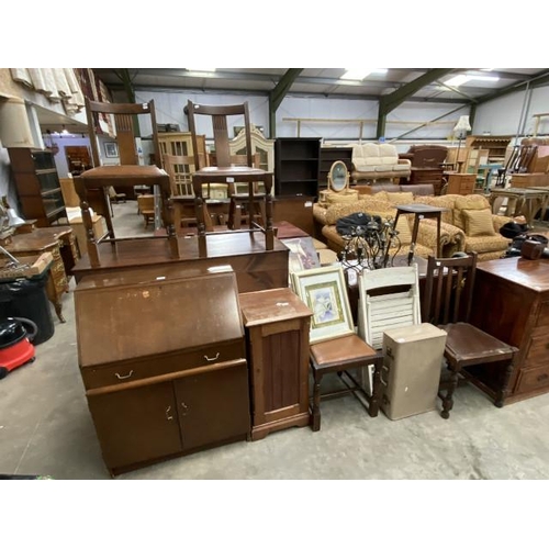 189 - 1950’s oak bureau 103H 77W 40D, pine pot cupboard 79H 40W 37D, 2 folding chairs, vintage case etc