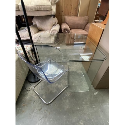 19 - Contemporary tempered glass desk 76H 131W 96D and a clear acrylic Ikea ‘Tobias’ chair