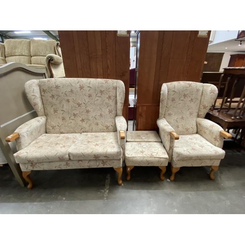 25 - DFS floral upholstered 4 piece suite (settee 116W, armchair 72W and 2 footstools)