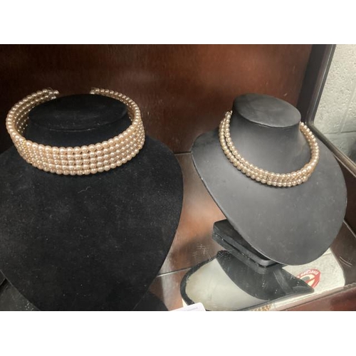 404 - 2 multi strand simulated pearl choker necklaces