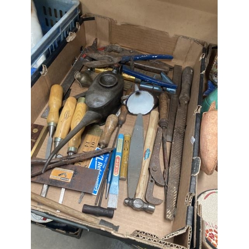 430 - Box of vintage tools inc. chisels, oil can, rasp, chisel etc.