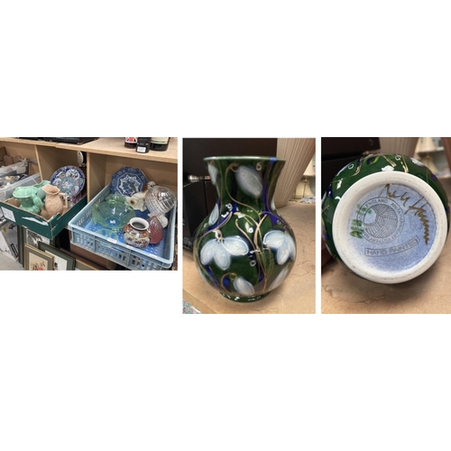 431 - 2 boxes of glassware & pottery inc. hand painted signed Anita Harris vase (repaired), hand blown gla... 