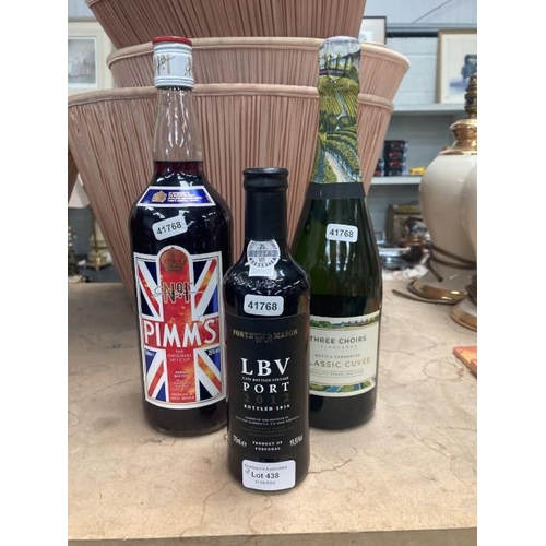 438 - Pimm's 1L, Fortnum & Mason LBV port 2012 bottled 2016 375ml  & Three Choirs classic cuvee 75cl