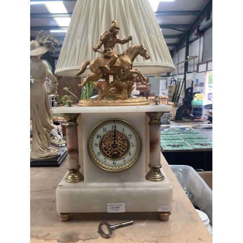 443 - Marble & gilt mantel clock with key & pendulum