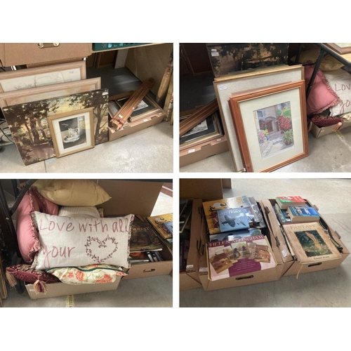 452 - Collection of framed pictures and canvasses, artists easel, box of cushions and 3 boxes of books inc... 