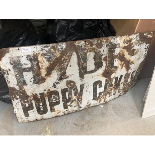 458 - Original 'Hydes Puppy Cakes' tin plate sign 81 x 41cm (as found)