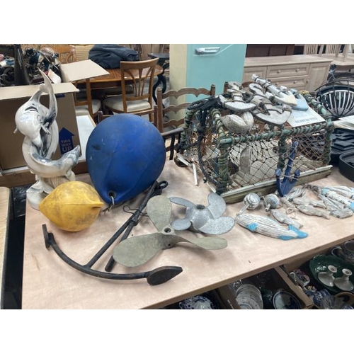 466 - Collection of nautical items for decorative use including lobster pot, anchor, buoys, boat propellor... 