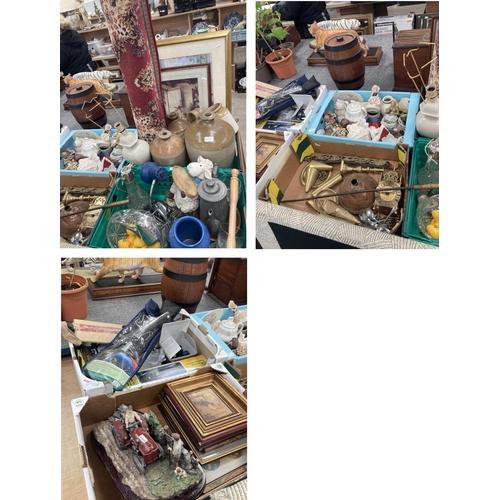 470 - 6 boxes of collectables including brass and copper wares, caravan wing mirrors, starter fishing set,... 