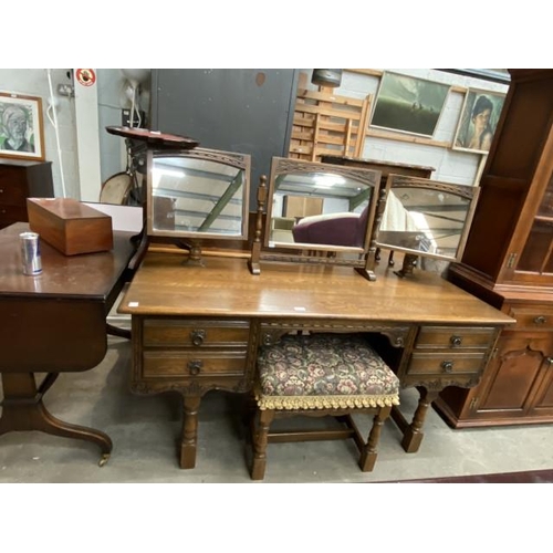 48 - Old Charm oak dressing table with a matching dressing stool 74H 152W 59D