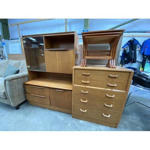 53 - Mid century teak nest of tables 44H 48W 38D, G Plan ‘Brandon’ oak 5 drawer chest 97H 76W 46D and a m... 