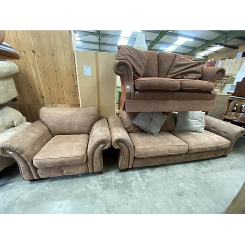 62 - DFS tan suede 2 piece suite (settee 244W & armchair 128W)