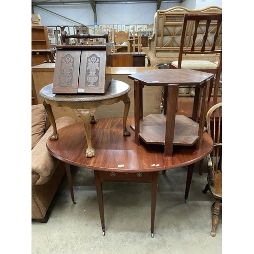 64 - Mahogany Pembroke table 73H 136W 91D, walnut circular coffee table 43H 67cm diameter,  an oak hexago... 