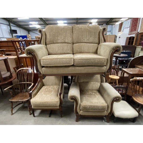 66 - Mahogany framed 3 piece suite (settee 159W, armchair 70W, armchair 99W)