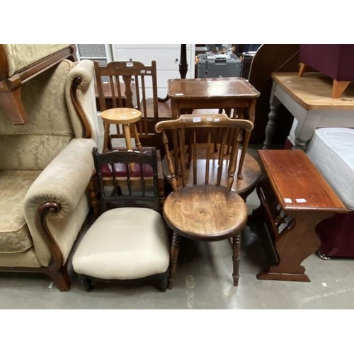 67 - Assorted furniture including a Victorian beech kitchen chair 47W, oak side chair, mahogany magazine ... 